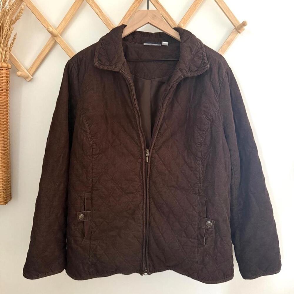 Croft barrow chocolate brown diamond quilted zip up jacket coat size XL
